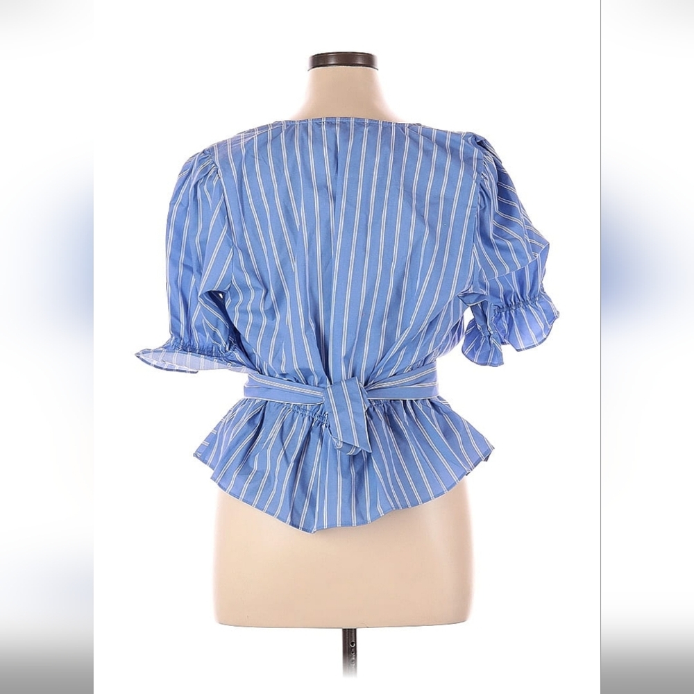 New Look Top 1x Blue Striped Crossed Fresh Vacation Beach Feminine Ruffles - Picture 2 of 2